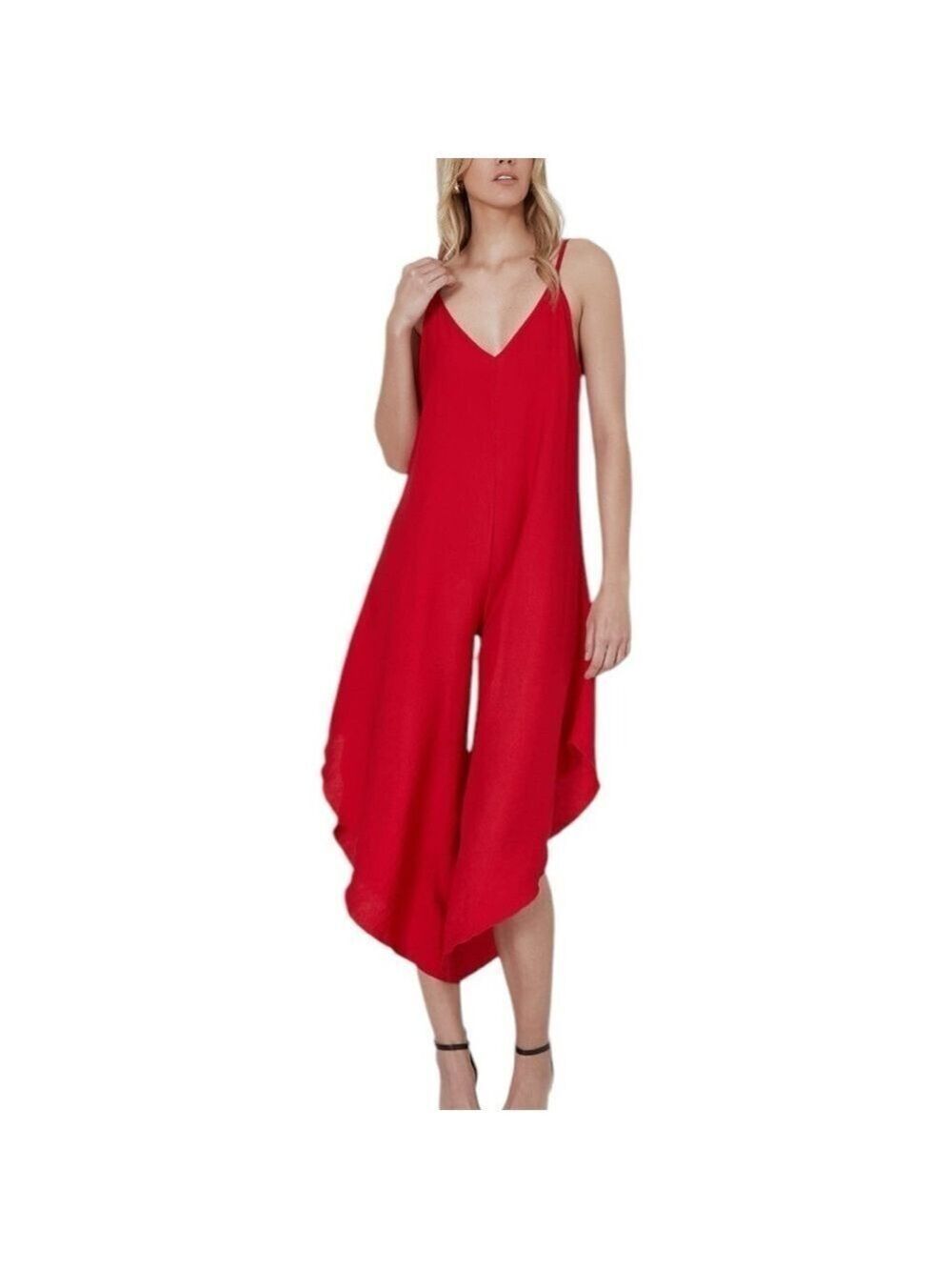 Everlily Red Linen midi jumpsuit romper sleeveless v-neck Sz Large